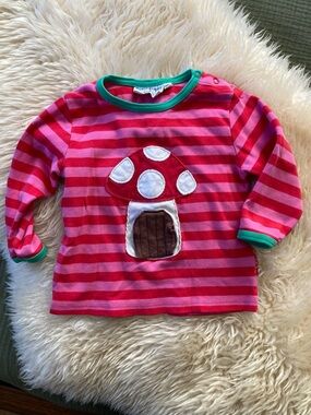 Toby Tiger organic cotton Girls'  Striped Mushroom lift the flap Tee tshirt 18m